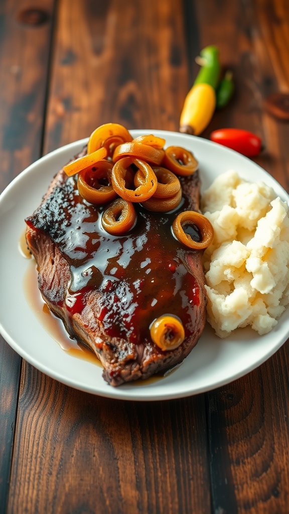 Beer-braised brisket with caramelized onions served with mashed potatoes and vegetables on a rustic table.